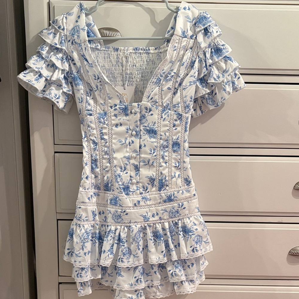 Floral Ruffle Sleeve Top - Blue and White